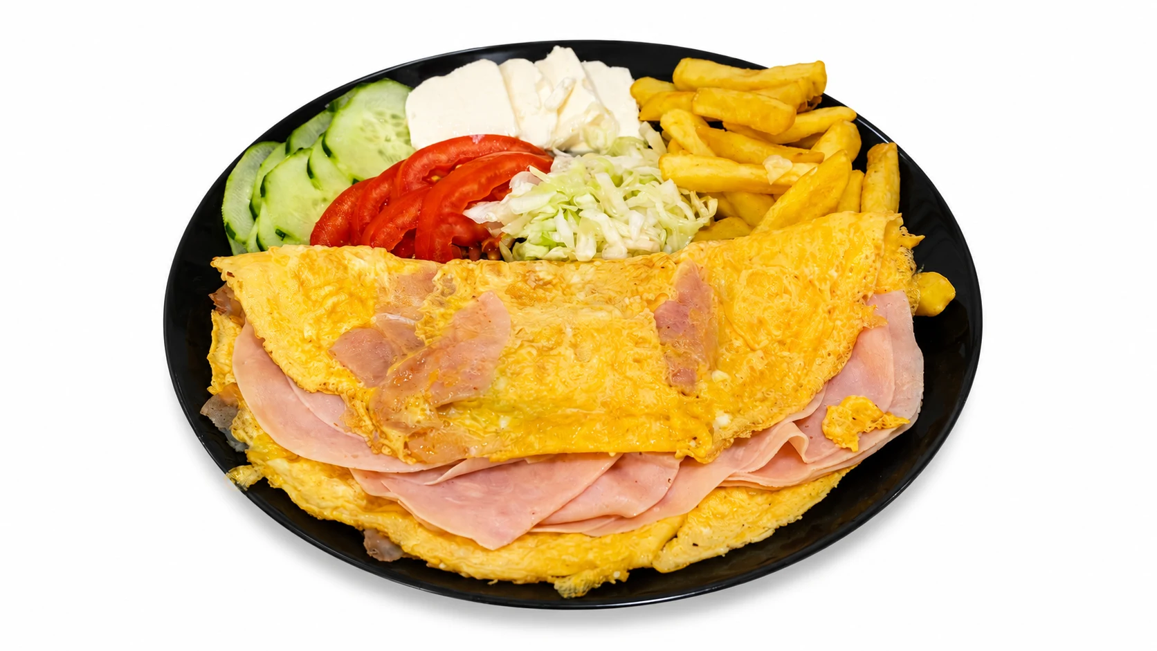 Omlet od 3 jaja sa šunkom, pomfrit i domaći somun 100 g. Namaz i sezonske salate po izboru. – KDS Food U Prolazu, Beograd