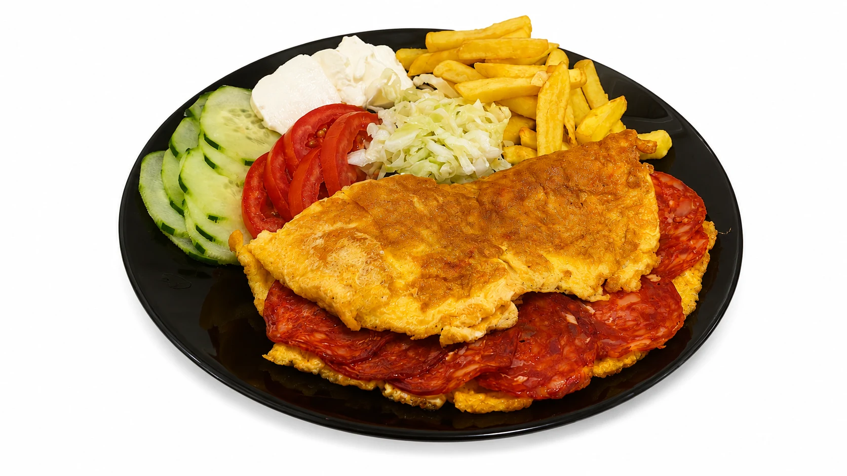 Omlet od 3 jaja sa kulenom, pomfrit i domaći somun 100 g, uz namaz i sezonske salate po – KDS Food U Prolazu, Beograd